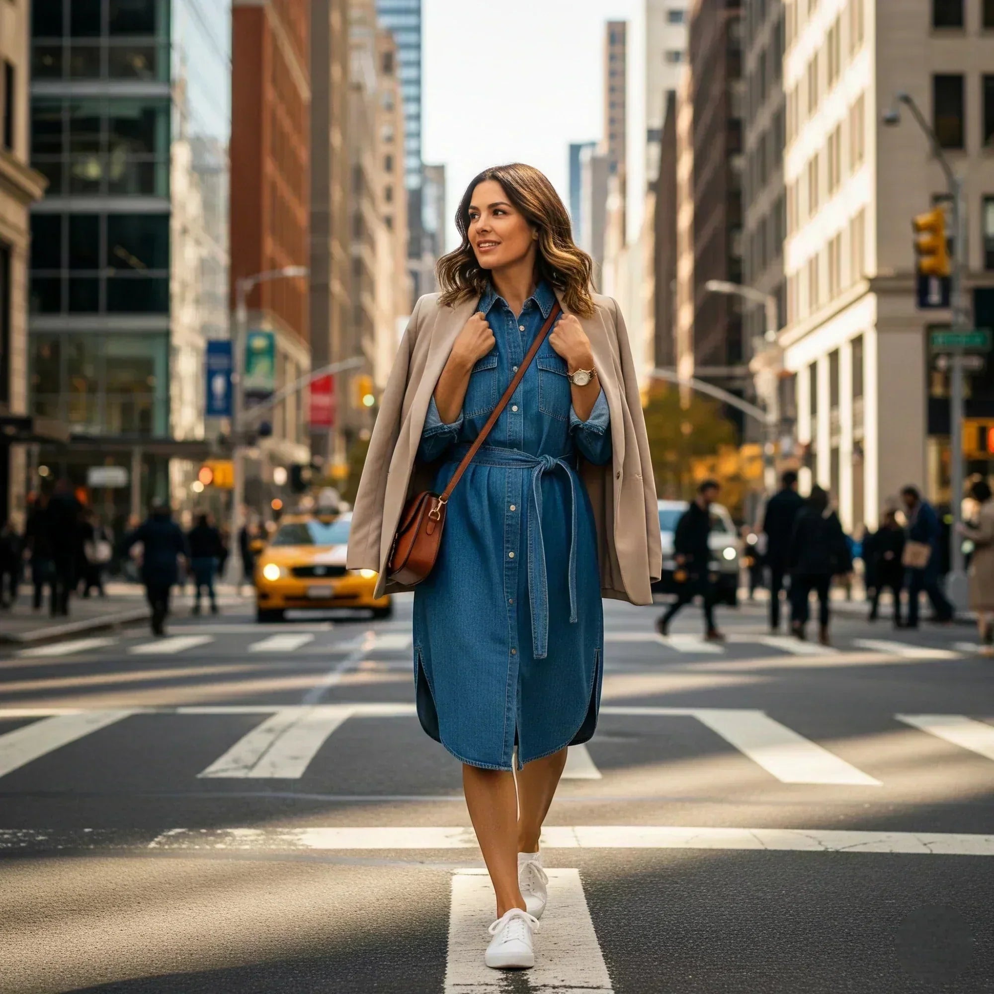 Comment porter une robe chemise en jean avec blazer - look urbain chic et professionnel