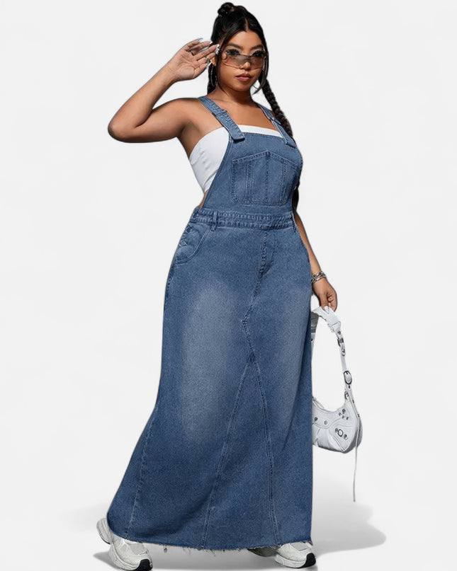 Robe salopette en jean grande taille longue