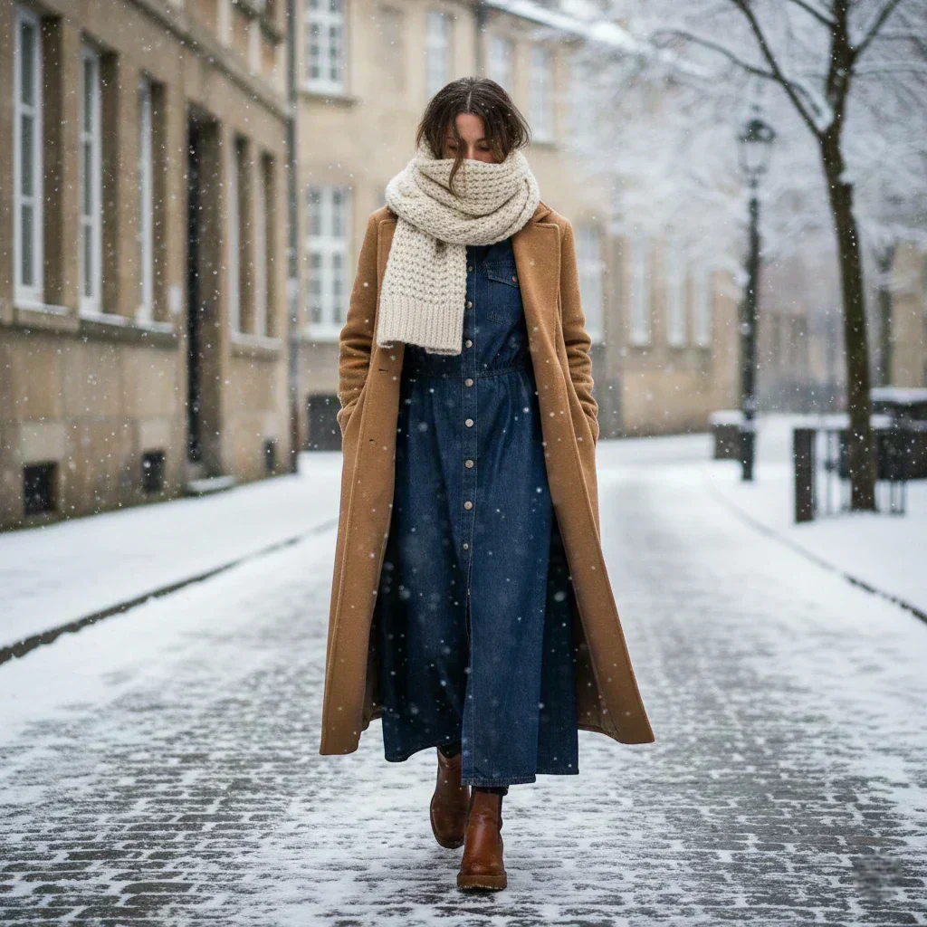 Femme en robe en jean et manteau camel en hiver dans la rue