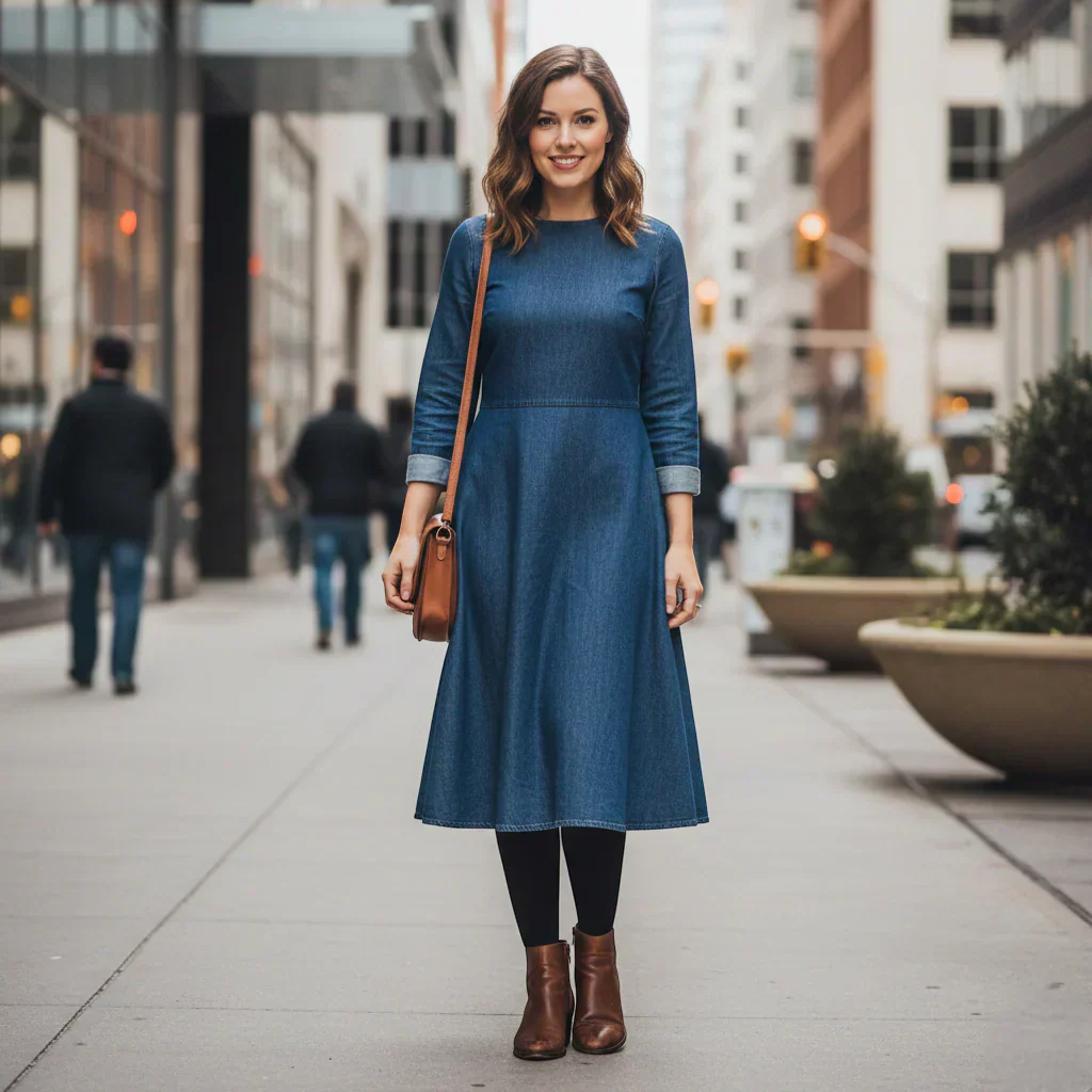 Femme portant une robe en jean midi avec collants noirs et bottines - style urbain élégant