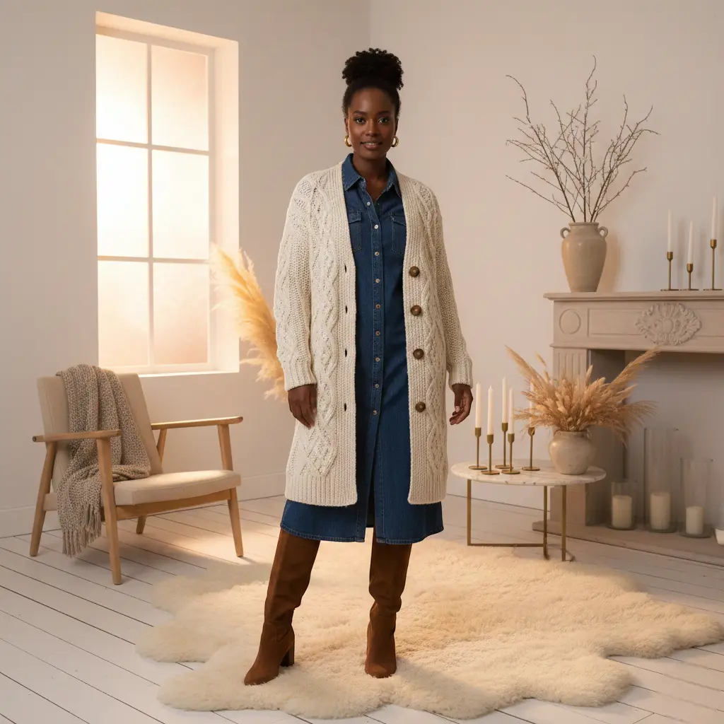 Femme en robe en jean bleu marine avec cardigan beige long, standing dans un intérieur cosy avec chaise en bois et décoration naturelle Image