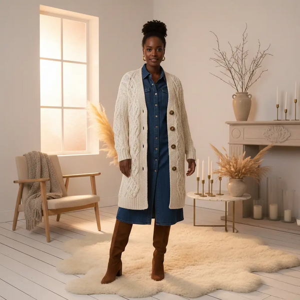 Femme en robe en jean bleu marine avec cardigan beige long, standing dans un intérieur cosy avec chaise en bois et décoration naturelle Image