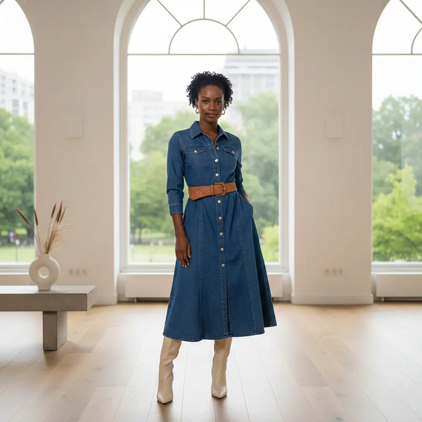 Femme noire en robe denim bleu avec ceinture orange, debout devant une baie vitrée avec décoration minimaliste en arrière-plan Image