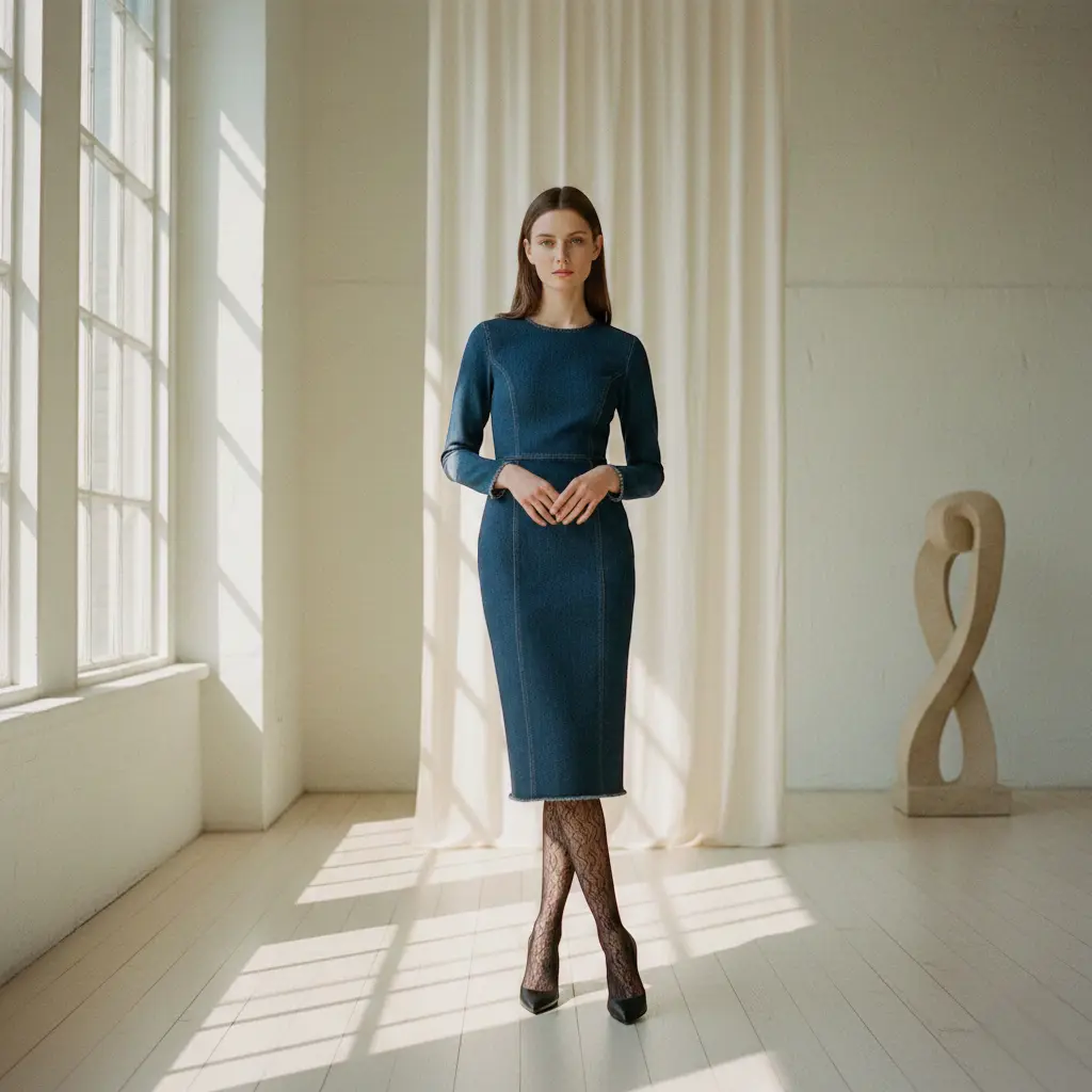 femme portant une robe en jean bleu marine avec collant, debout dans un intérieur minimaliste blanc avec lumière naturelle