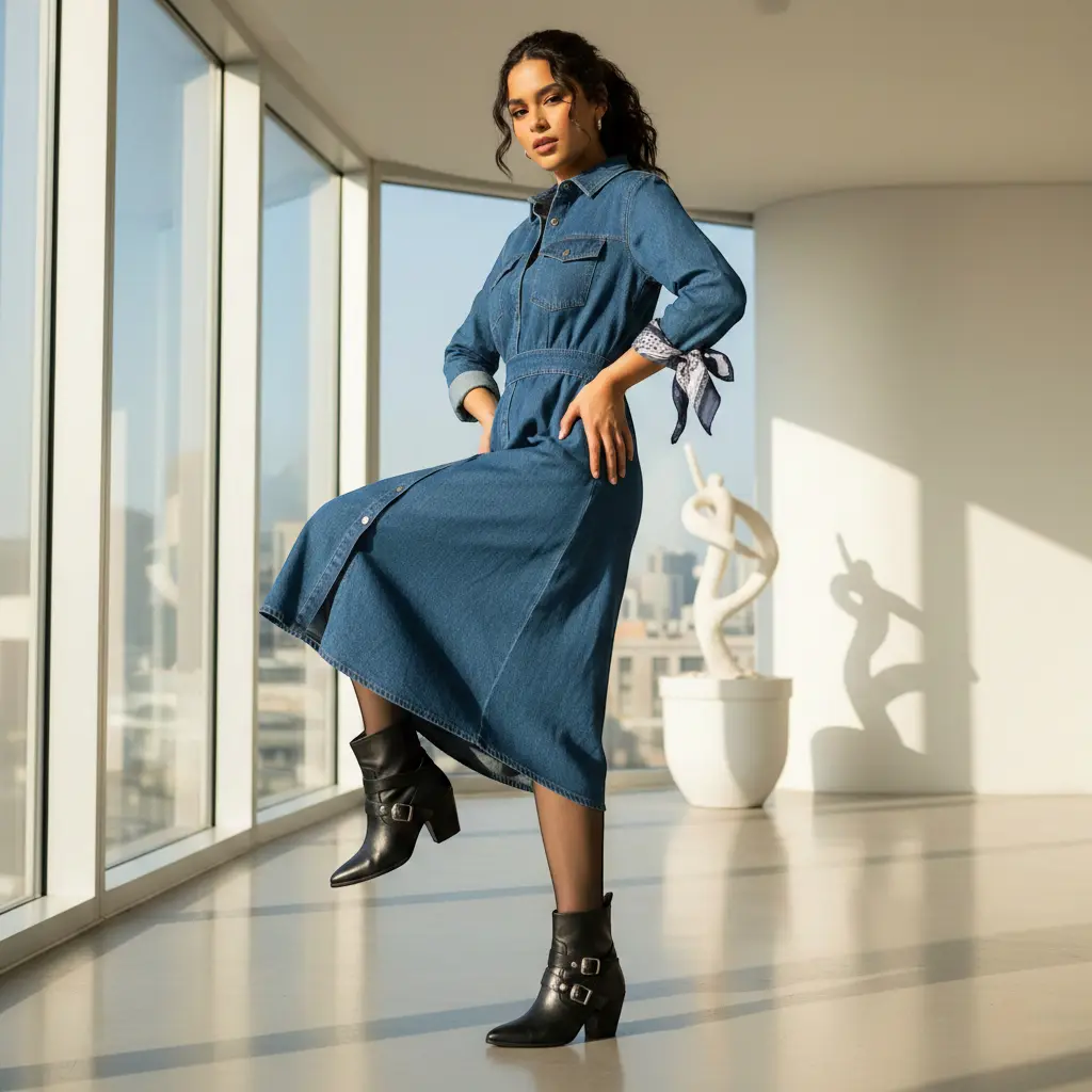 Femme en robe chemise en denim bleu portant des bottines noires, vue dynamique en mouvement, intérieur moderne avec grandes fenêtres