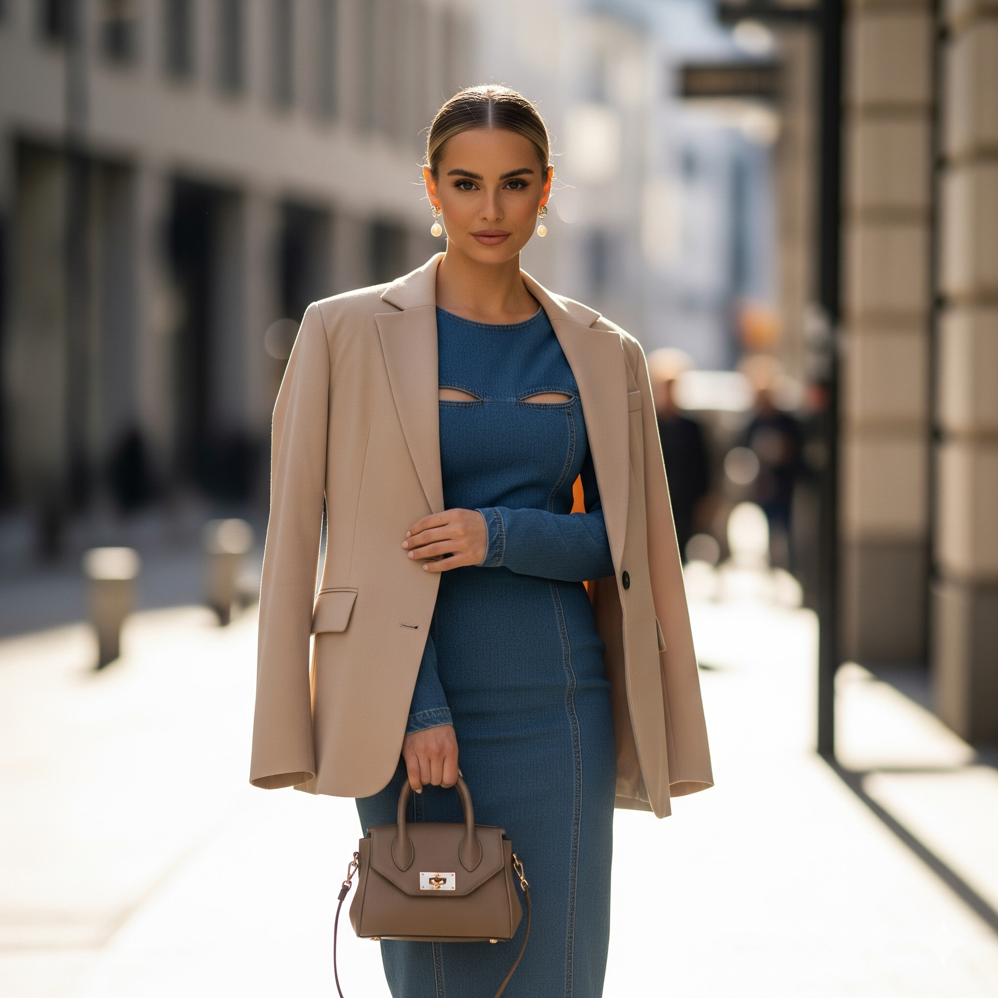 Femme en robe denim bleu portant un blazer beige clair, dans un décor urbain flou, styling professionnel et élégant