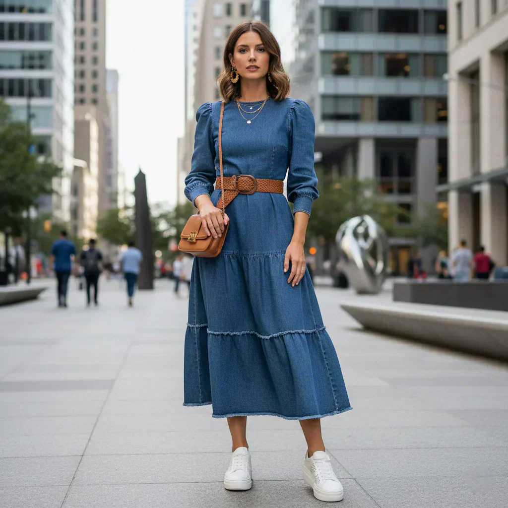 Femme portant une robe en jean avec différentes chaussures pour illustrer les associations possibles