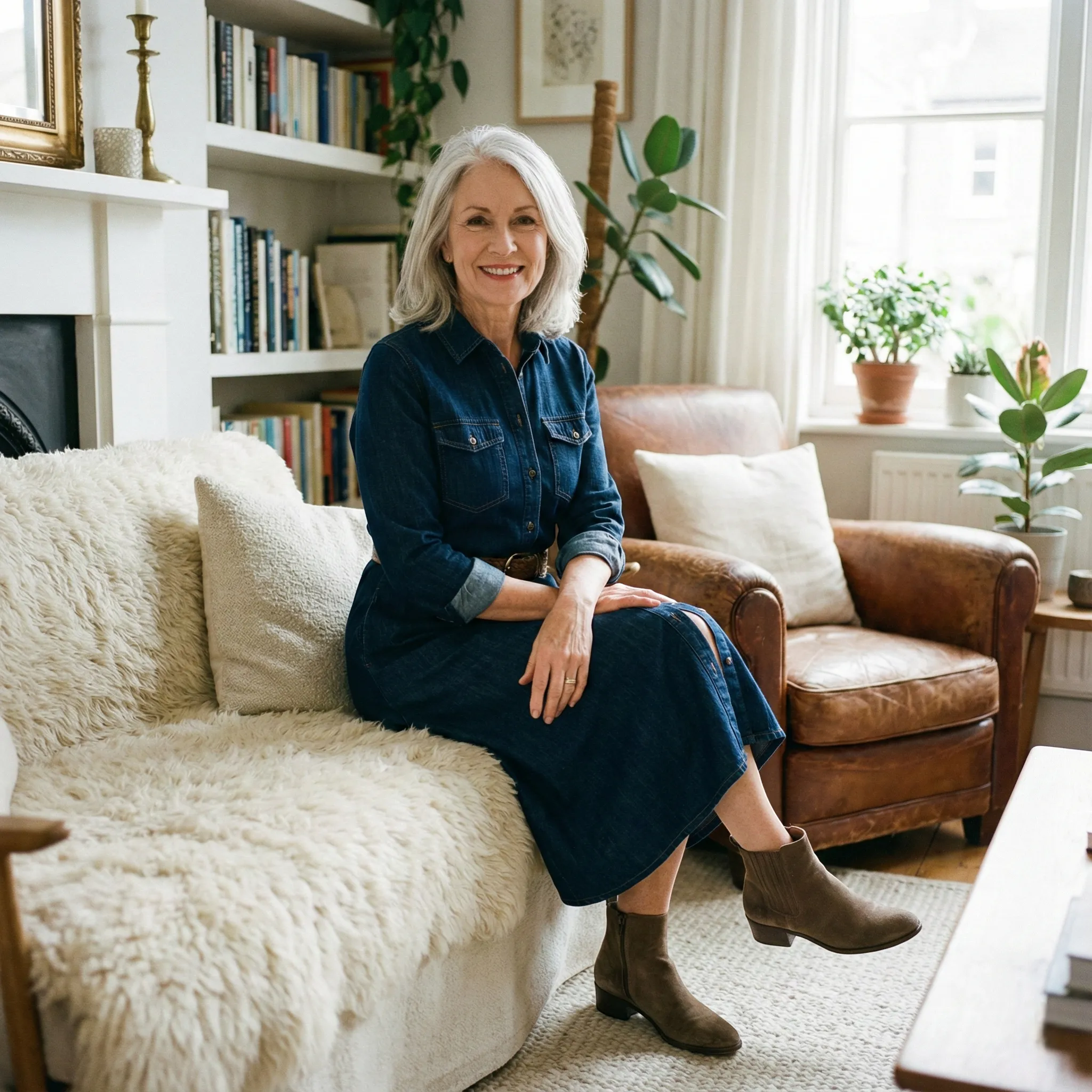 femme de 60 ans portant une robe en jean dans un intérieur cosy Image