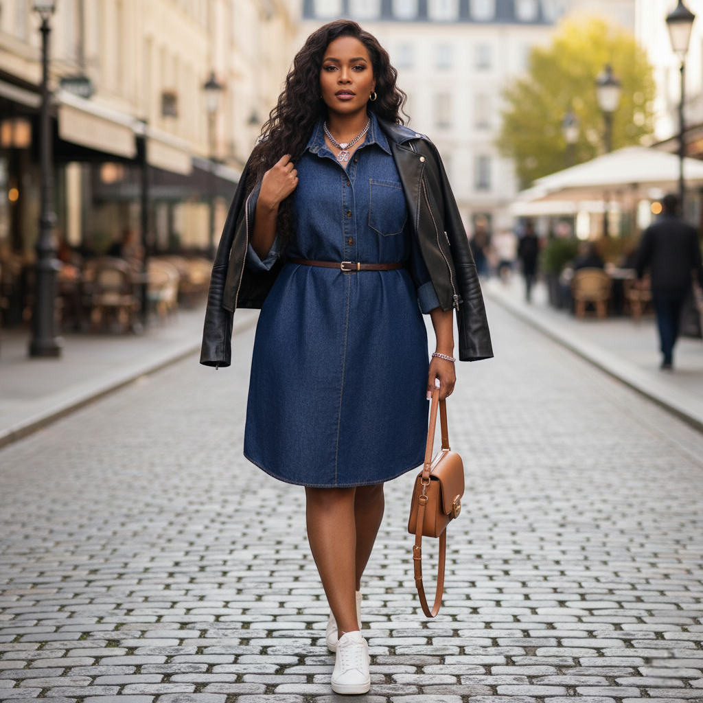 Robe chemise en jean grande taille bleue en denim avec ceinture, portée avec une veste noire. Image