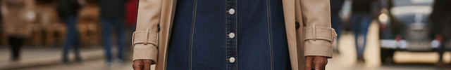 Robe en jean bleu foncé longue à coupe droite évasée, col chemise et boutonnage intégral sur le devant.