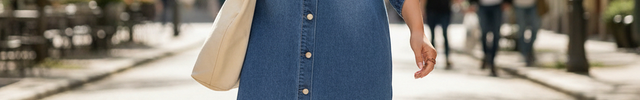 Robe en jean décontractée grande taille bleue en denim, manches longues et boutonnage frontal.