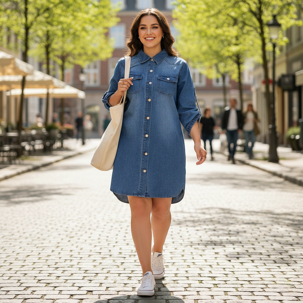 Robe en jean décontractée grande taille bleue en denim, manches longues et boutonnage frontal. Image