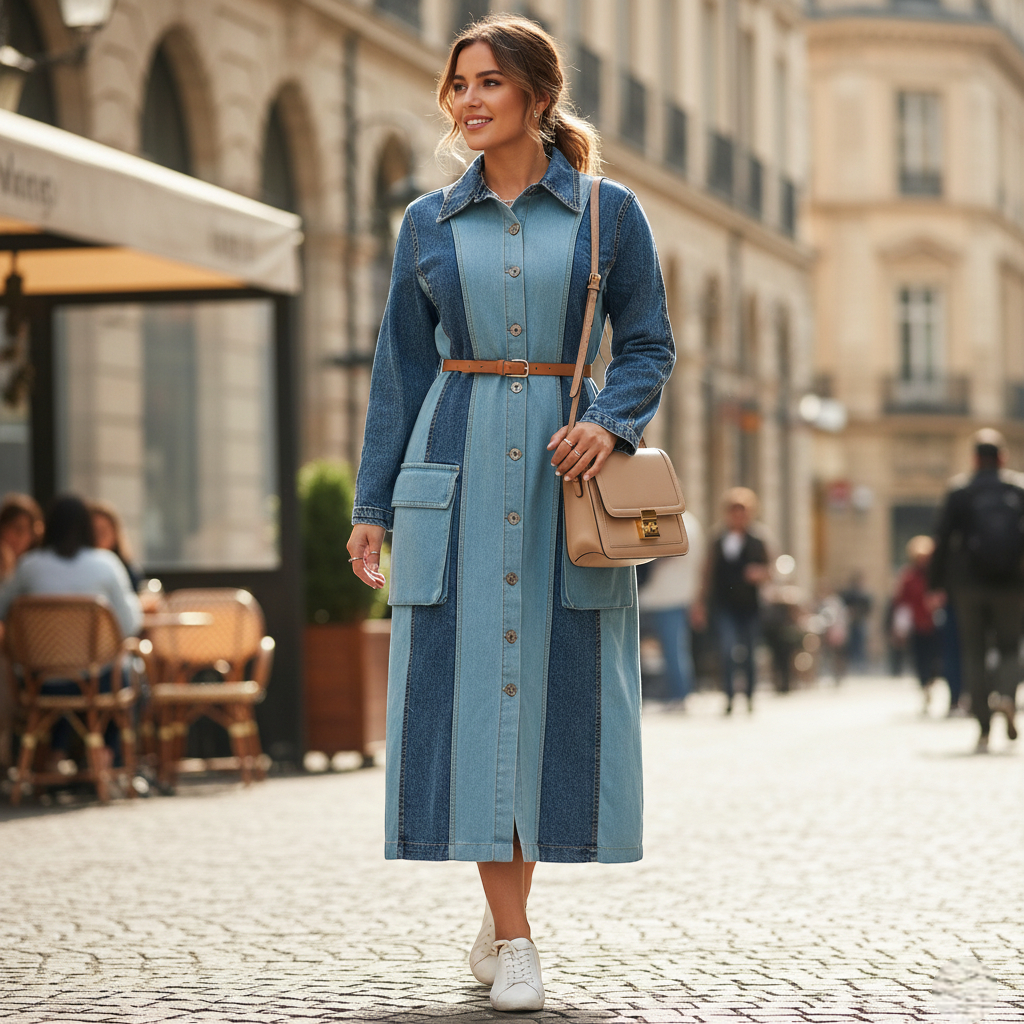 Robe en jean grande taille à manches longues, en denim bleu bicolore, avec poches et ceinture. Image
