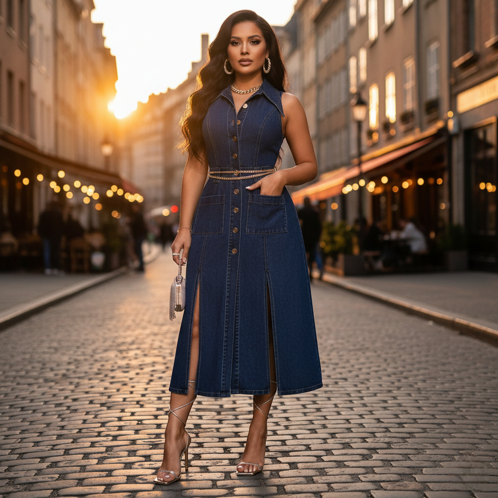 Robe en jean grande taille fendue bleu foncé sans manches en denim rigide, longueur midi. Image