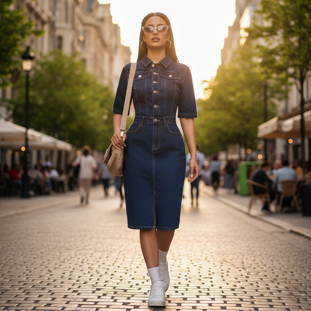 Robe en jean grande taille moulante bleu foncé en denim avec manches courtes et boutonnage devant. Image