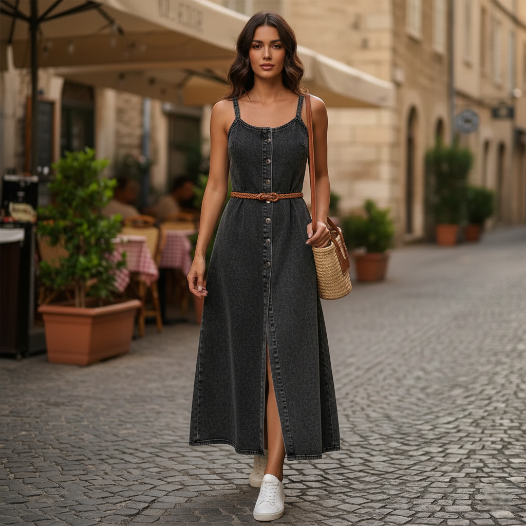 Robe en jean noir longue sans manche, coupe évasée, boutonnée, fente frontale et taille cintrée avec ceinture. Image