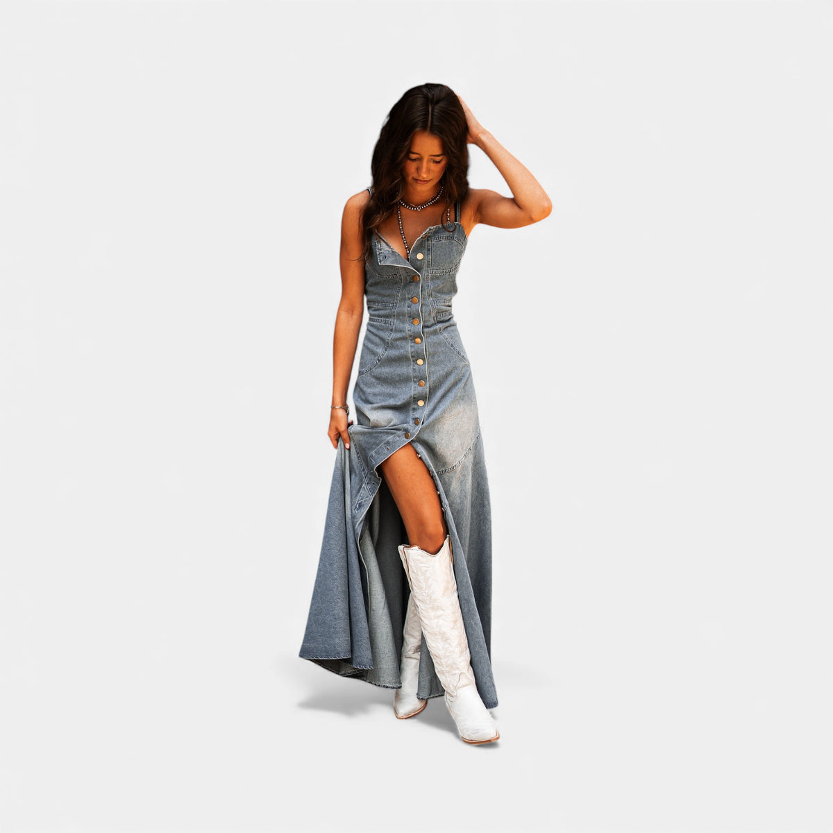 Robe longue en jean à bretelles fines