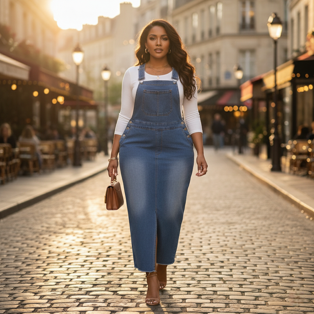 Robe salopette en jean grande taille bleue, en denim épais, à coupe longue et fente centrale. Image