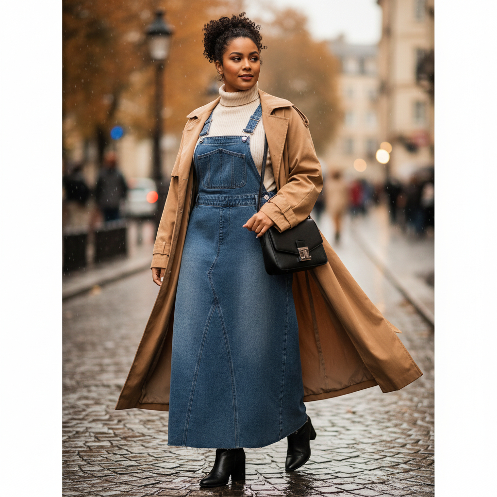 Robe salopette en jean grande taille longue bleu denim, matière coton, coupe évasée élégante. Image