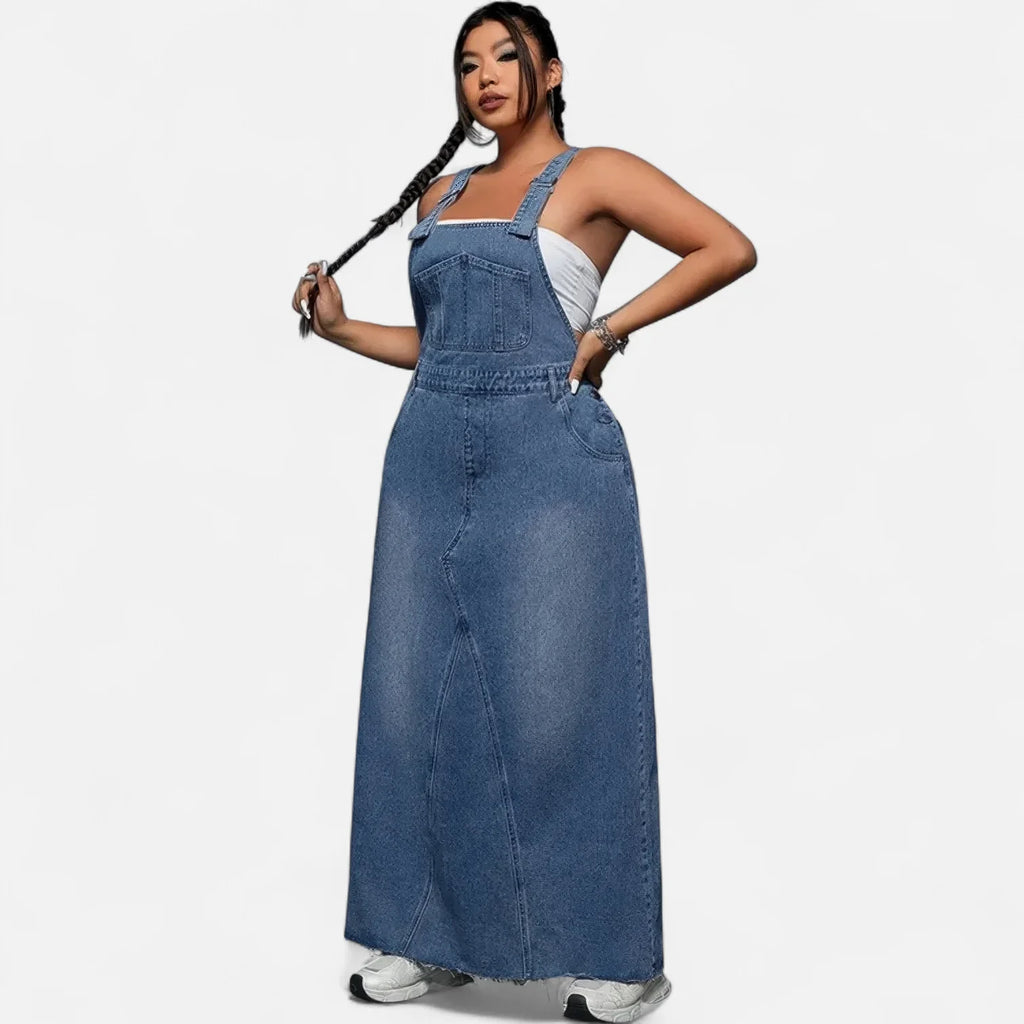 Robe salopette en jean grande taille longue