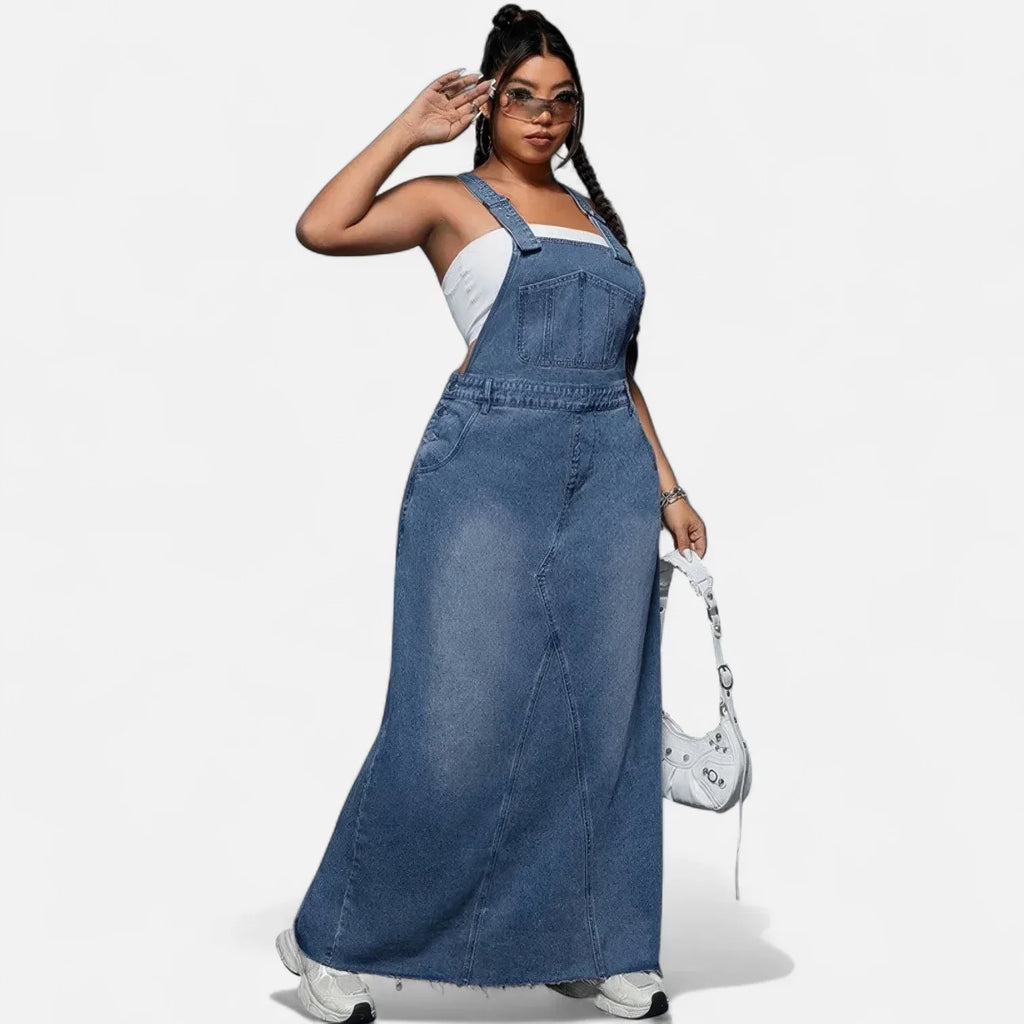 Robe salopette en jean grande taille longue