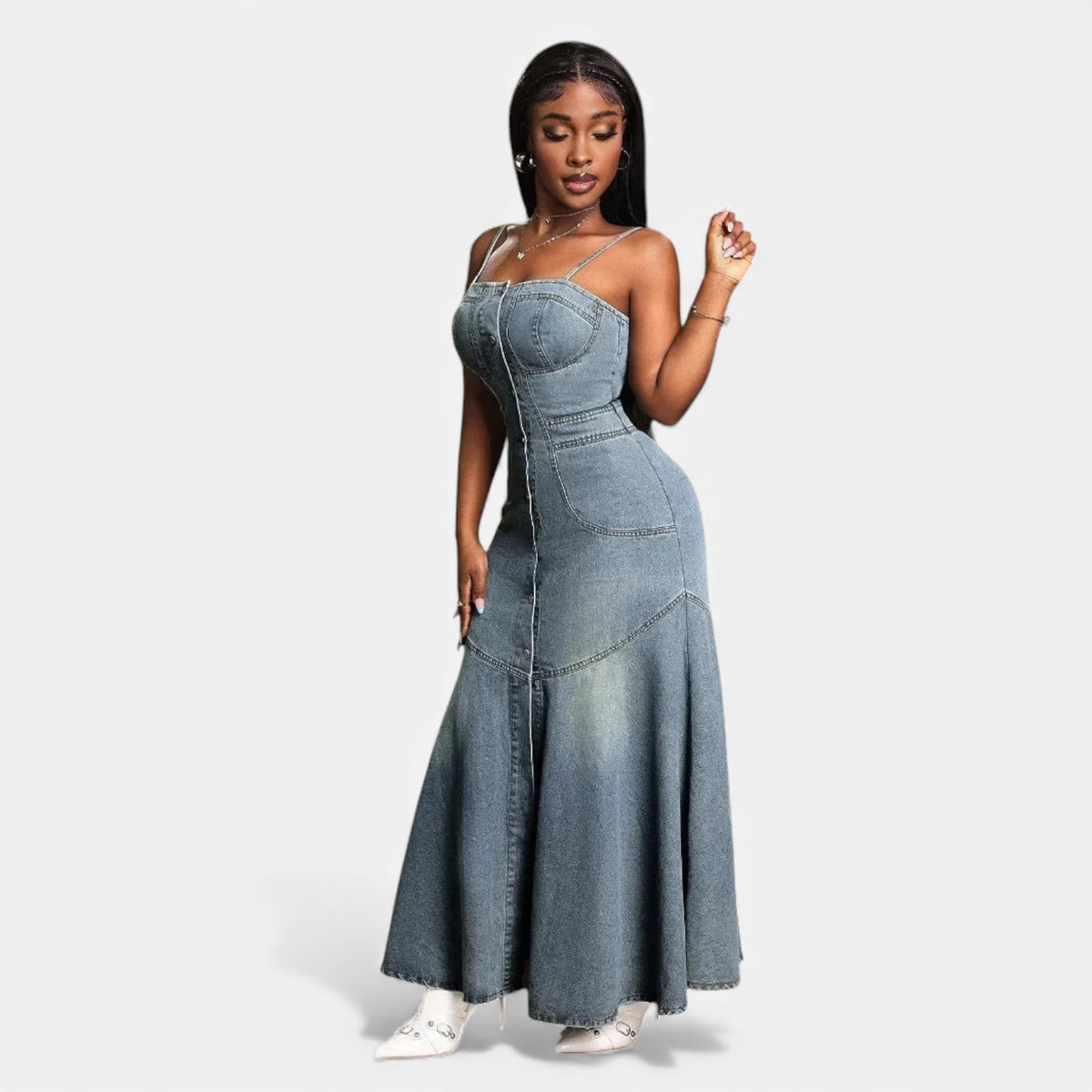 Robe en jean bustier longue