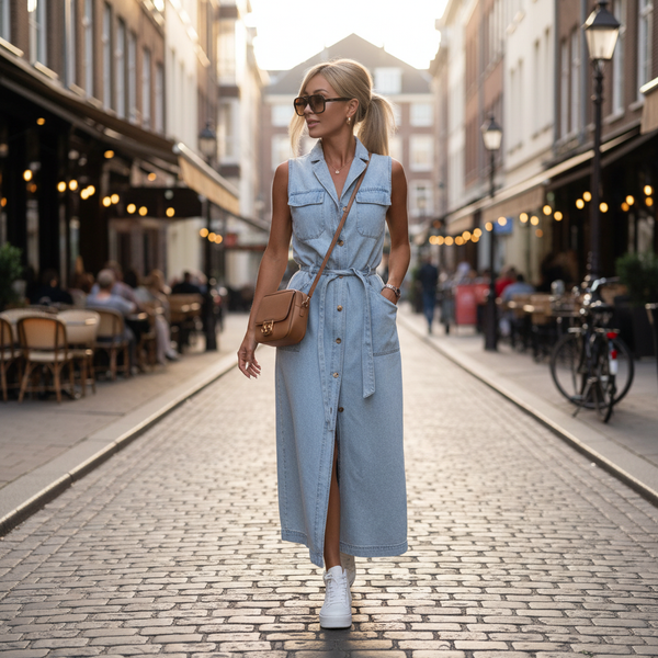 Robe chemise longue en jean bleu clair sans manches, en denim avec ceinture et boutons frontaux. Image