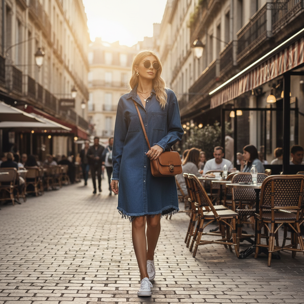 Robe chemisier en jean bleu, coupe droite, en denim, manches longues, ourlet effiloché. Image
