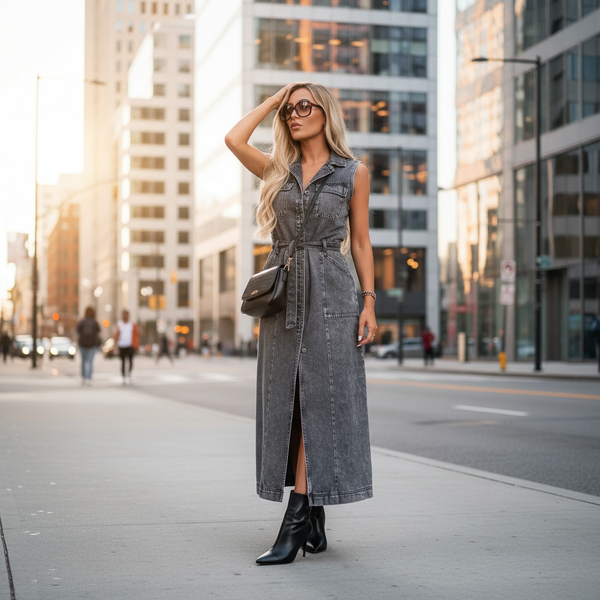 Robe en denim gris sans manches, longueur midi, ceinturée à la taille, matière en jean épais. Image