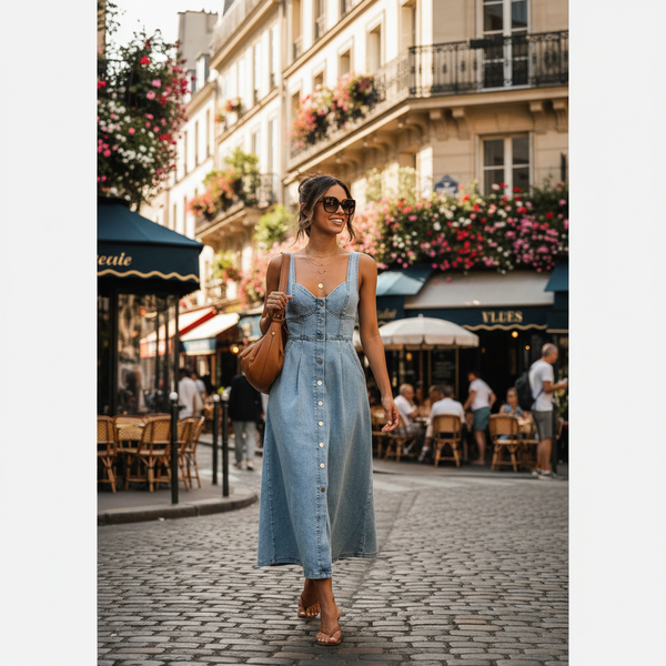 Robe en denim longue à décolleté cœur bleu clair en coton, avec boutons devant et fines bretelles. Image