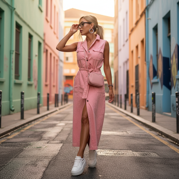 Robe en denim rose sans manches en coton, longue, boutonnée avec ceinture assortie à la taille. Image