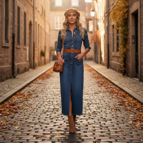 Robe en jean automne bleu denim, longue, en coton avec manches longues et poches frontales. Image