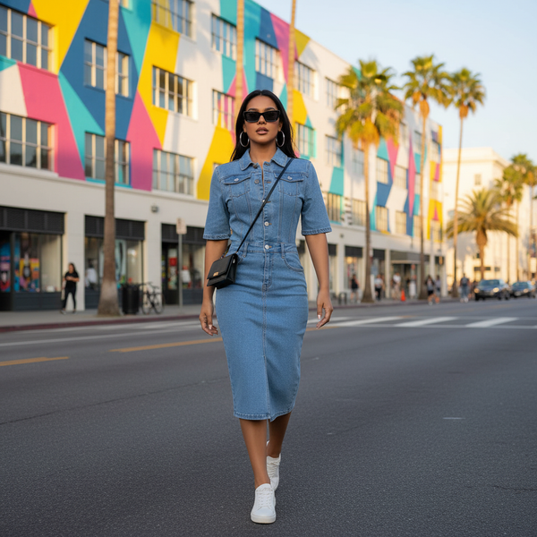 Robe en jean moderne bleue en denim, coupe midi ajustée avec manches courtes et col chemise. Image