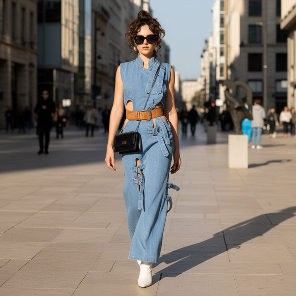Robe en jean originale bleue sans manches en denim avec découpes et nœuds décoratifs sur le côté. Image