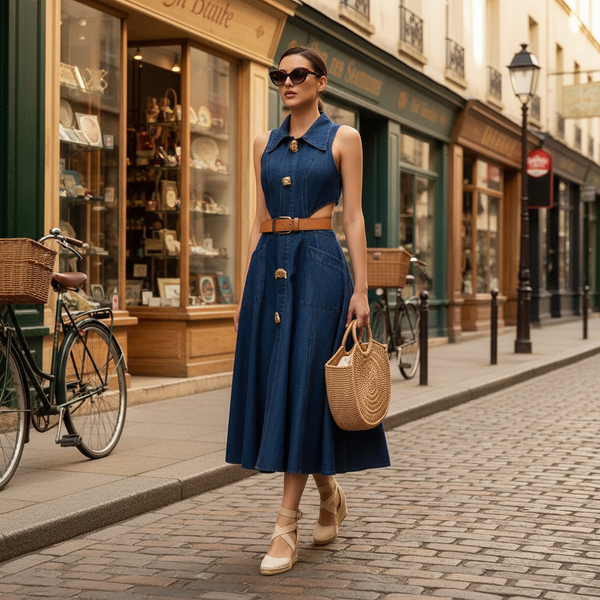 Robe en jean vintage bleue sans manches en denim, coupe évasée avec ceinture en cuir marron. Image