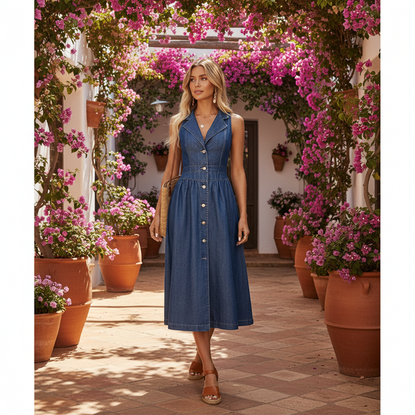 Robe longue en jean fluide bleue sans manches en denim léger avec boutons et col à revers. Image