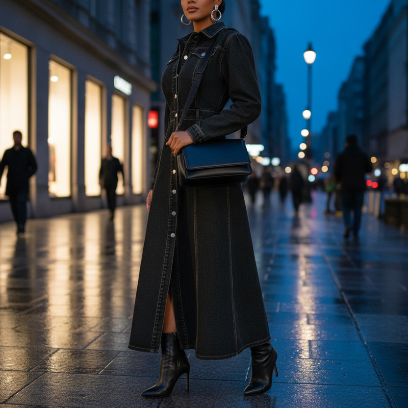 Robe longue noir en jean avec boutons devant, coupe cintrée et surpiqûres contrastées.