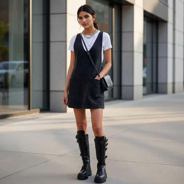 Robe salopette en jean noir courte, sans manches, en denim épais avec poches avant plaquées. Image