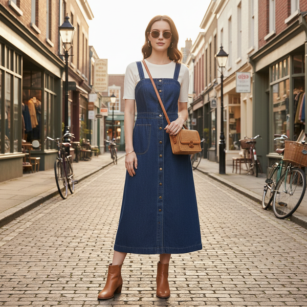 Robe salopette en jean vintage femme bleu foncé en denim, longueur midi avec boutons devant. Image