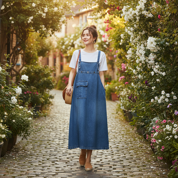 Robe salopette jean grossesse bleue en denim, longue, avec poches, idéale pour la maternité. Image