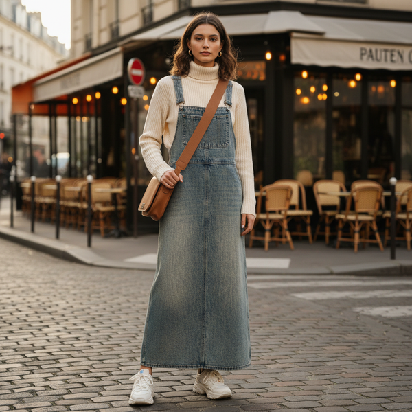 Robe salopette jean longue en denim bleu, coupe droite, portée avec un pull crème et des baskets. Image