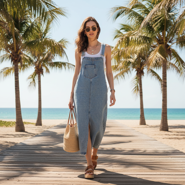 Robe salopette longue en jean fendue bleu clair, en denim, avec bretelles ajustables et poche frontale. Image