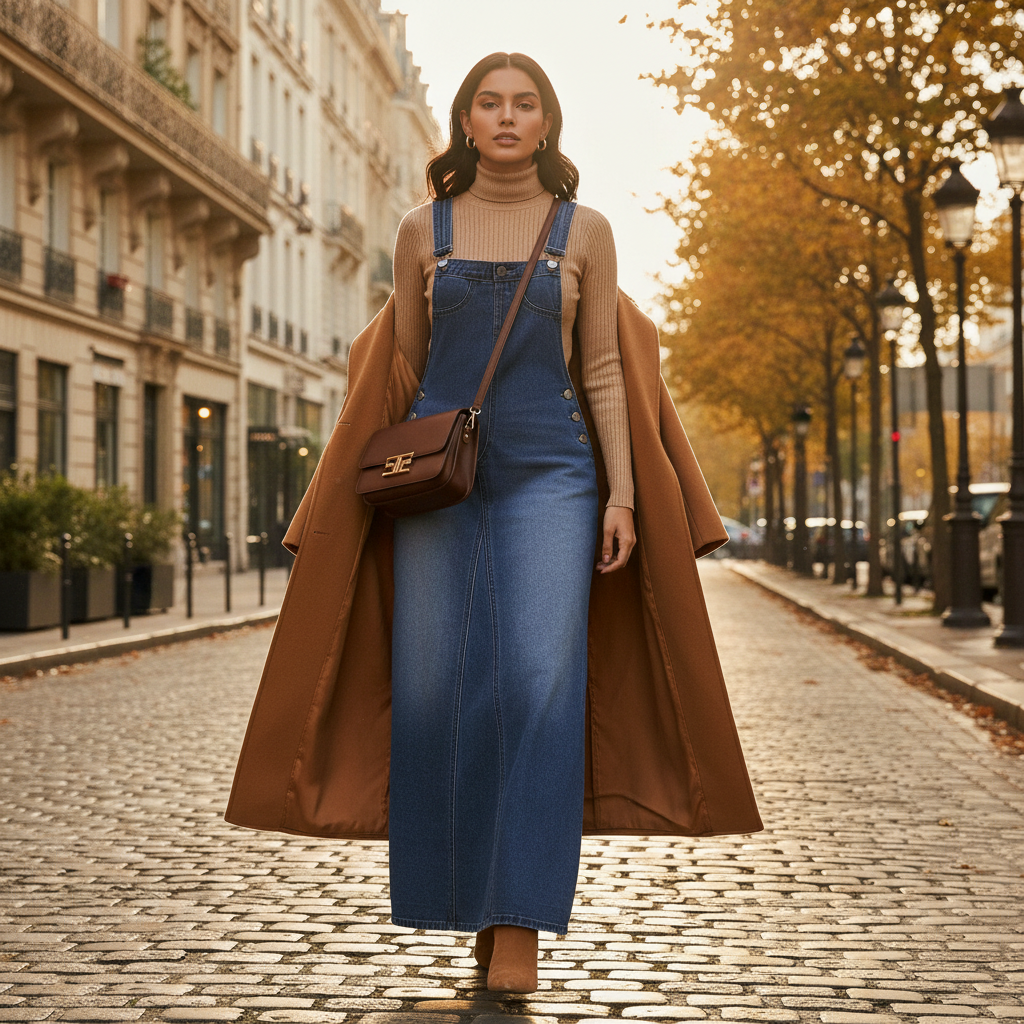 Robe en jean bleu avec bretelles réglables, en denim épais, coupe longue et style décontracté. Image