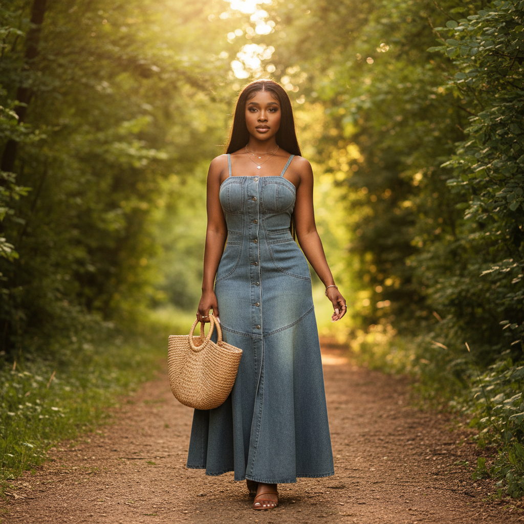 Robe en jean bustier longue en denim bleu, coupe évasée, boutonnée sur le devant. Image