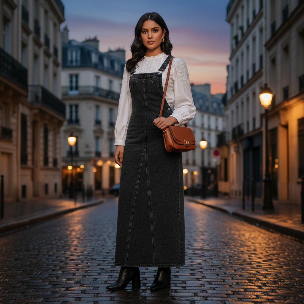 Robe en jean noir avec bretelles réglables, coupe longue, matière denim épais à surpiqûres blanches. Image