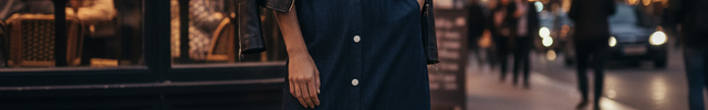 Robe longue en jean bleu foncé, coupe chemise ajustée à boutons blancs, manches courtes et taille froncée.
