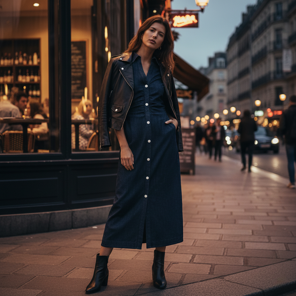 Robe longue en jean bleu foncé, coupe chemise ajustée à boutons blancs, manches courtes et taille froncée. Image