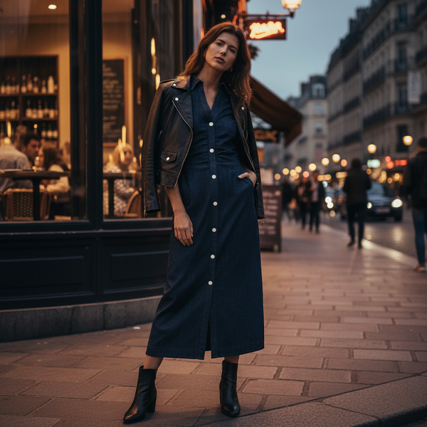 Robe longue en jean bleu foncé, coupe chemise ajustée à boutons blancs, manches courtes et taille froncée. Image