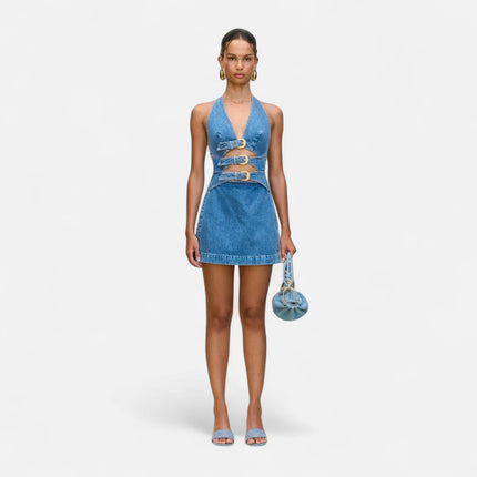 Robe courte en jean avec boucles