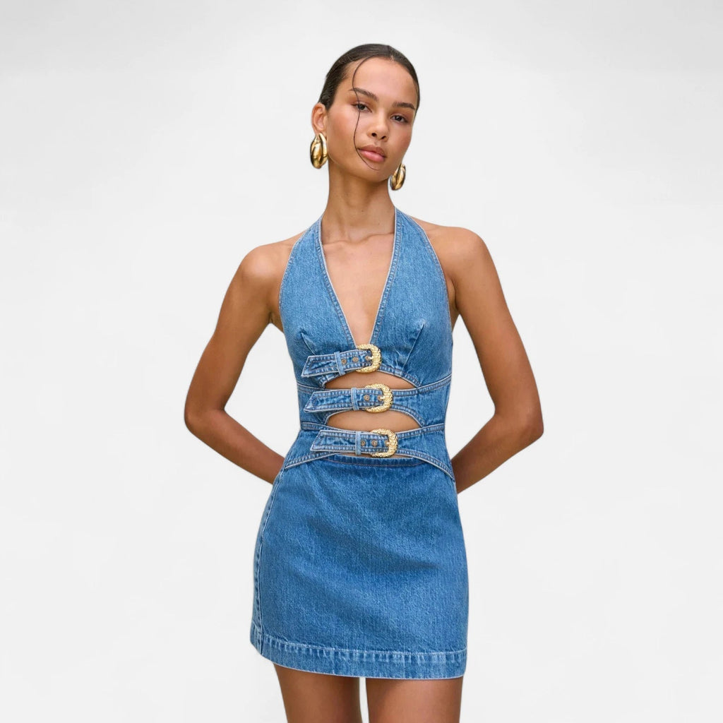 Robe courte en jean avec boucles